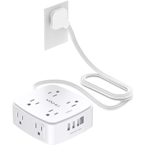 6 Ft Surge Protector Power Strip - YISHU 8 Widely Outlets with 4 USB Ports, 3 Side Outlet Extender with 6 Feet Flat Extension Cord, Ultra Flat Plug, Wall Mount, Desk USB Charging Station, ETL, White