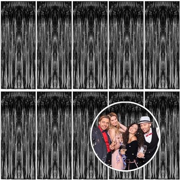 10 Pack Foil Curtain Backdrop Black Metallic Tinsel Foil Fringe Curtains Photo Booth Props for Birthday Wedding Engagement Baby Shower Bachelorette Christmas Holiday Celebration Party