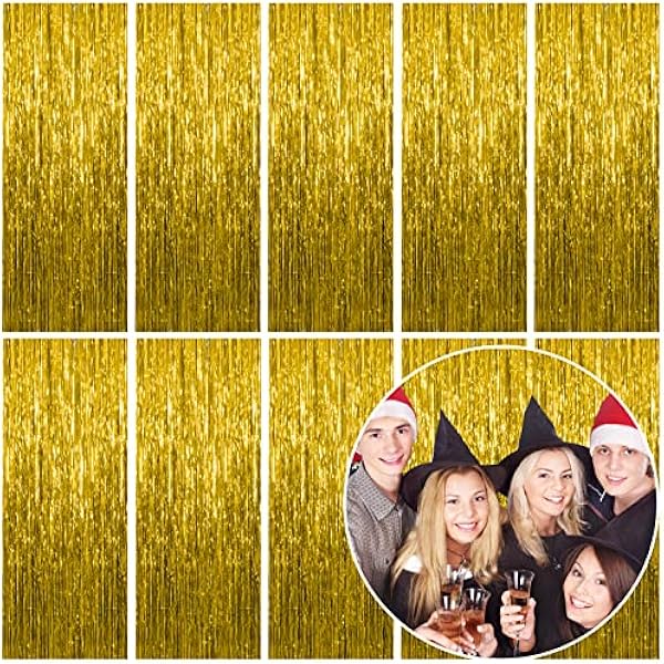 10 Pack Foil Curtain Backdrop Gold Metallic Tinsel Foil Fringe Curtains Photo Booth Props for Birthday Wedding Engagement Baby Shower Bachelorette Christmas Holiday Celebration Party Decorations