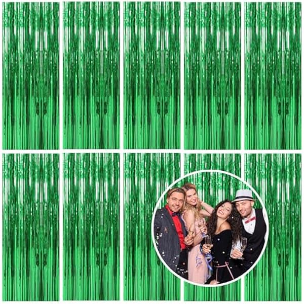 10 Pack Foil Curtain Backdrop Green Metallic Tinsel Foil Fringe Curtains Photo Booth Props for Birthday Wedding Engagement Baby Shower Bachelorette Christmas Holiday Celebration Party
