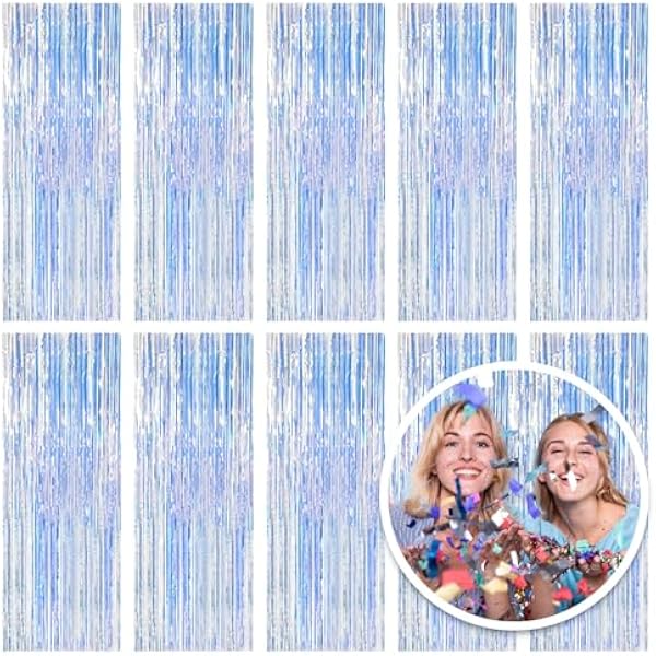 10 Pack Foil Curtain Backdrop Iridescent Metallic Tinsel Foil Fringe Curtains Photo Booth Props for Birthday Wedding Engagement Baby Shower Bachelorette Christmas Holiday Celebration Party Decoration