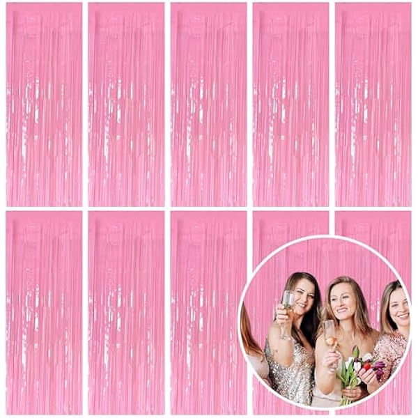 10 Pack Foil Curtain Pink Backdrop Streamers Metallic Tinsel Fringe Curtains Photo Booth Props for Birthday Wedding Engagement Bachelorette Christmas Holiday Celebration Party Decorations