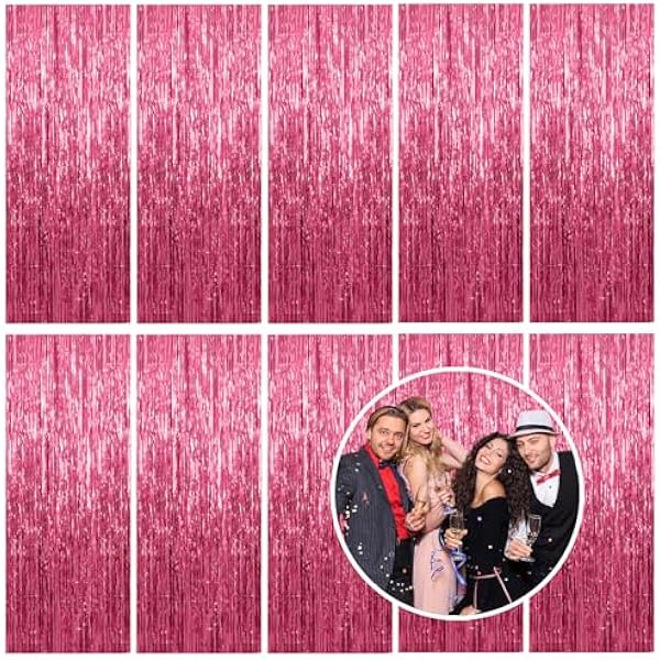 10 Pack Foil Curtain Backdrop Pink Metallic Tinsel Foil Fringe Curtains Photo Booth Props for Birthday Wedding Engagement Baby Shower Bachelorette Christmas Holiday Celebration Party