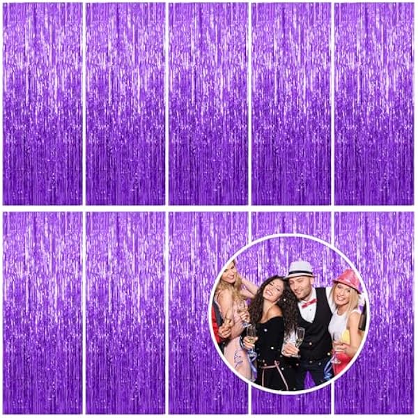 10 Pack Foil Curtain Backdrop Purple Metallic Tinsel Foil Fringe Curtains Photo Booth Props for Birthday Wedding Engagement Baby Shower Bachelorette Christmas Holiday Celebration Party