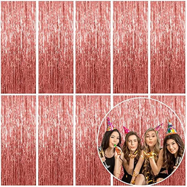 10 Pack Foil Curtain Backdrop Rose Gold Metallic Tinsel Foil Fringe Curtains Photo Booth Props for Birthday Wedding Engagement Baby Shower Bachelorette Christmas Holiday Celebration Party Decorations