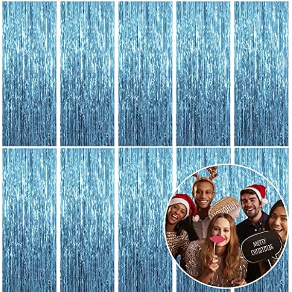 10 Pack Foil Curtain Backdrop Blue Metallic Tinsel Foil Fringe Curtains Photo Booth Props for Birthday Wedding Engagement Baby Shower Bachelorette Christmas Holiday Celebration Party Decorations