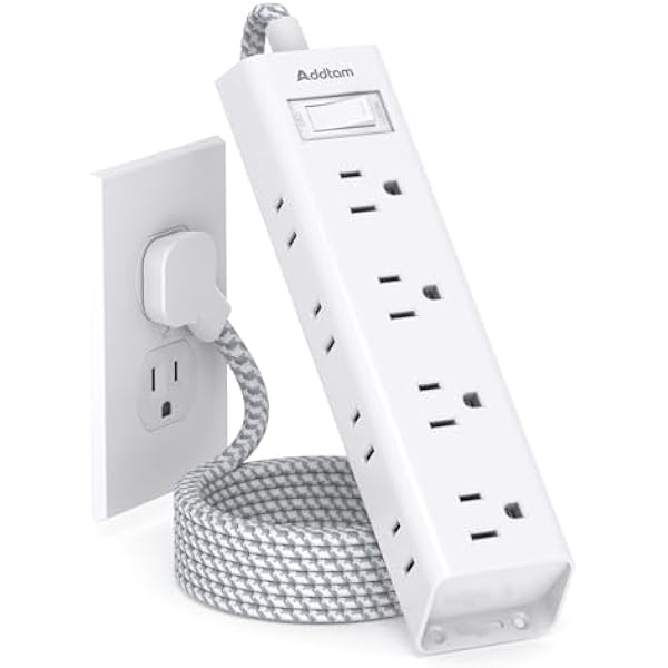 10FT Extension Cord - Power Strip Surge Protector, Flat Plug, Addtam 12 Widely Outlets 3 Sides Outlet Extender, 1080J, Wall Mount, Desk Charging Station Compact for Home Office Dorm Room Essentials