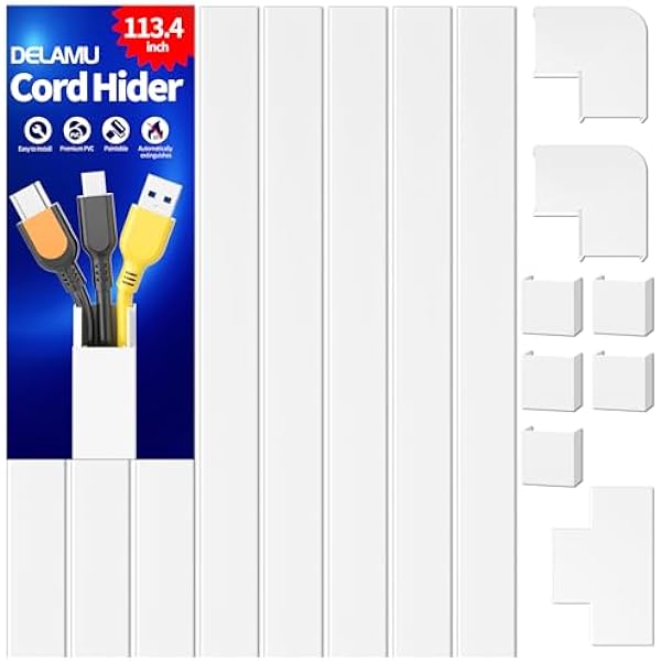 Delamu Cord Covers for Wires on Wall, 113.4in TV Cord Hider, Self-adhesive Cable Hider Cable Cover Raceway, Paintable Wire Hider Wire Covers for Cords, Hide Cords Wall Mounted Tv, W0.95×H0.55in, White