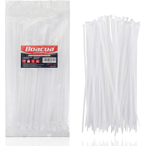 12 Inch Zip Cable Ties (100 Pieces), Self-Locking Premium Nylon Cable Wire Ties,Heavy Duty White, for Indoor and Outdoor by Boacua