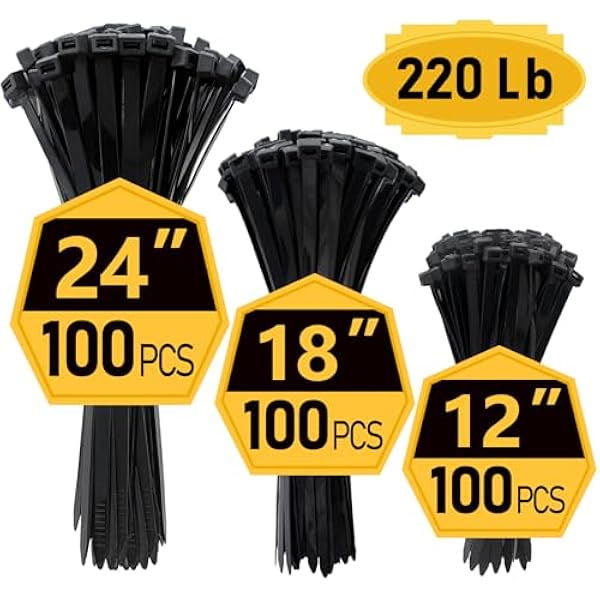 Zip Ties, Zip Ties Heavy Duty, Assorted Sizes (12"+18"+24")-300 Pack, Cable ties, Large Zipties Heavy Duty Black, Wire Ties with 220 lb Tensile Strength for Outdoor Use, Long Zip Tie, ANOSON