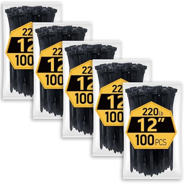 Zip Ties Heavy Duty 12 inch (500 Pack), Heavy Duty Cable Ties with 220 lb Tensile Strength for Outdoor Use, Black Wire Ties by ANOSON