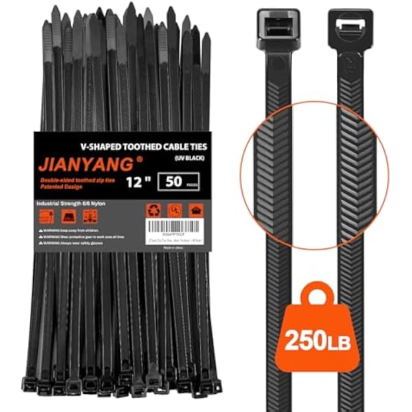 12 Inch V-Shaped Zip Ties Double Sided Toothed,250 LBS Tensile Strength Heavy Duty Cable Wire Ties With Self-Locking Adjustable More Durable Nylon Tie Wraps for Indoor Outdoor（50 Pack）