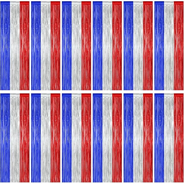 12 Pack 4th of July Decorations, 3.28 FT x 7.05 FT Patriotic Tinsel Backdrop, Metallic Blue Silver Red Fringe Curtains Party Streamer Foil Backdrop, Independence Day Party Supplies Patriotic Decor