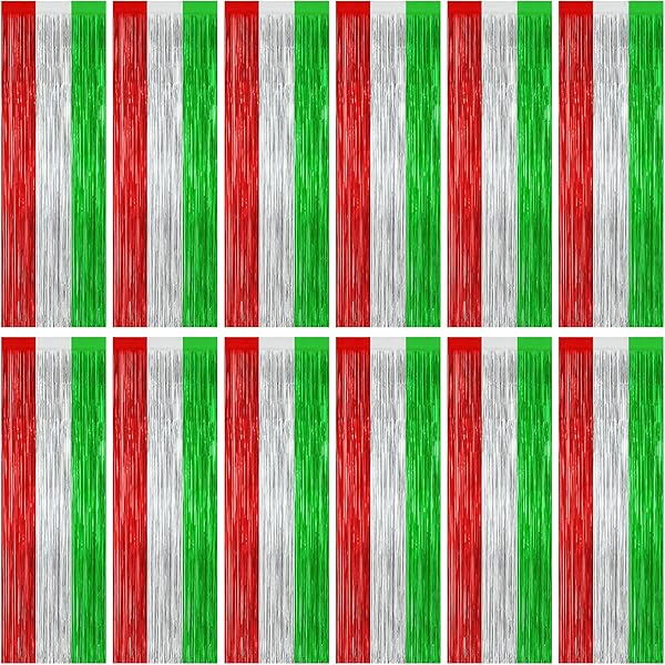 12 Pack Christmas Party Backdrop, 3.28 FT x 7.05 FT Red Silver Green Foil Streamer, Metallic Fringe Curtains Tinsel Streamer, Hanging Christmas Decorations Picture Props Door Decor