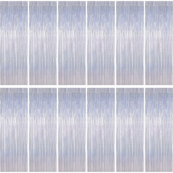 12 Pack Fringe Backdrop, 3.28 FT x 7.08 FT Glitter Silver Tinsel Curtain, Metallic Foil Curtains Party Streamer Disco Backdrop, Silver Party Decorations for Bachelorette Birthday Holiday