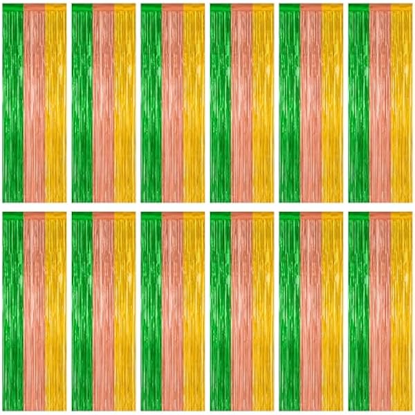12 Pack Hawaiian Party Decorations, 3.28 FT x 7.05 FT Luau Party Decorations, Green Brown Yellow Luau Backdrop Fringe Curtains Foil Streamer, Metallic Summer Decor Luau Party Supplies
