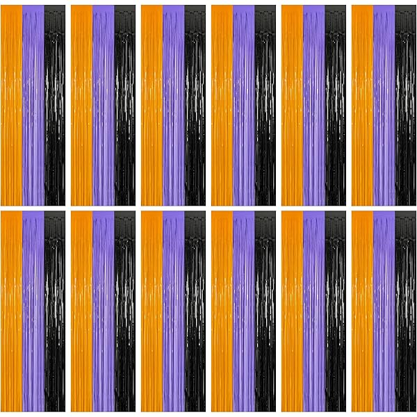 12 Pack Halloween Decor, 3.28 FT x 7.05 FT Orange Purple Black Fringe Curtains, Funny Wall Backdrop Photo Booth Backdrop Party Streamer, Halloween Foil Decorations Photo Booth Props
