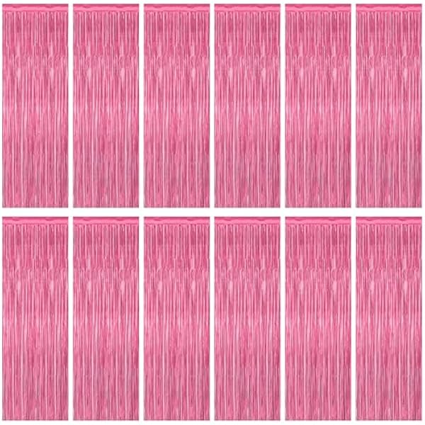 12 Pack Pink Backdrop, 3.28 FT x 7.05 FT Foil Fringe Curtains, Metallic Pink Tinsel Curtain Party Streamer Birthday Backdrop for Girl, Brithday Decorations Bachelorette Party Supplies