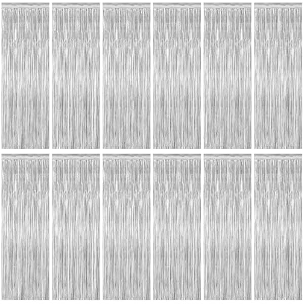 12 Pack Silver Backdrop. 3.28 FT x 7.05 FT Birthday Decorations, Metallic Silver Fringe Backdrop Foil Curtains Tinsel, Disco Party Decor Photo Booth Props Door Decorations Hanging