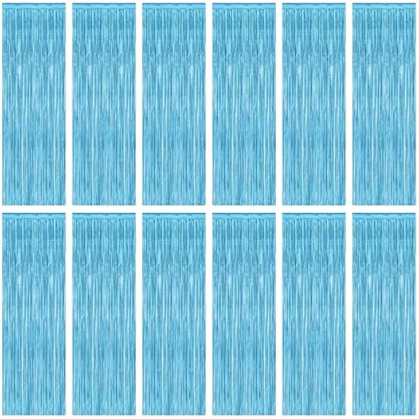 12 Pack Party Decorations, 3.28 FT x 7.05 FT Sky Blue Curtains, Metallic Party Streamers Photo Booth Backdrop Foil Fringe Curtains, Light Blue Winter Wonderland Backdrop Birthday Decor