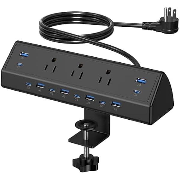 Jgstkcity 130W Desk Clamp Power Strip, 12 USB Ports (6 PD 65W USB-C),Surge Protector,ETL Listed Power Hub Extension Cord,Fast Charging Station for Home Office Desk Edge Mount (Black, 12 USB-130W)