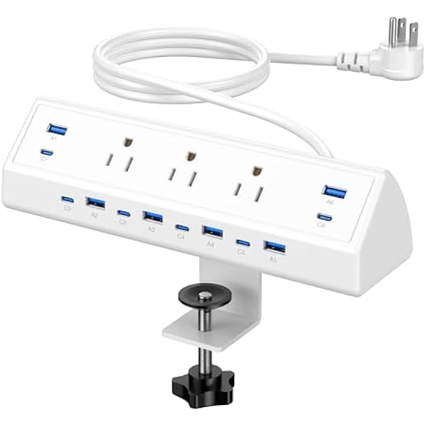 Jgstkcity 130W Desk Clamp Power Strip, 12 USB Ports (6 PD 65W USB-C),Surge Protector,ETL Listed Power Hub Extension Cord,Fast Charging Station for Home Office Desk Edge Mount (White, 12 USB-130W)