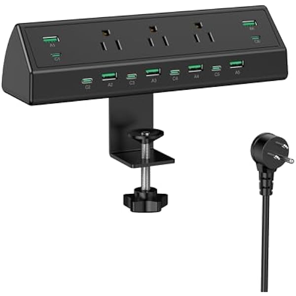 Jgstkcity 90W Desk Clamp Power Strip,12 USB Ports (6 PD 45W USB-C),Surge Protector,ETL Listed Power Hub Extension Cord,Fast Charging Station for Home Office Desk Edge Mount (Black,12 USB-90W)