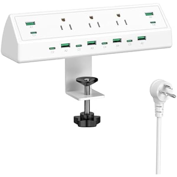 Jgstkcity 90W Desk Clamp Power Strip,12 USB Ports (6 PD 45W USB-C),Surge Protector,ETL Listed Power Hub Extension Cord,Fast Charging Station for Home Office Desk Edge Mount (White, 12 USB-90W)