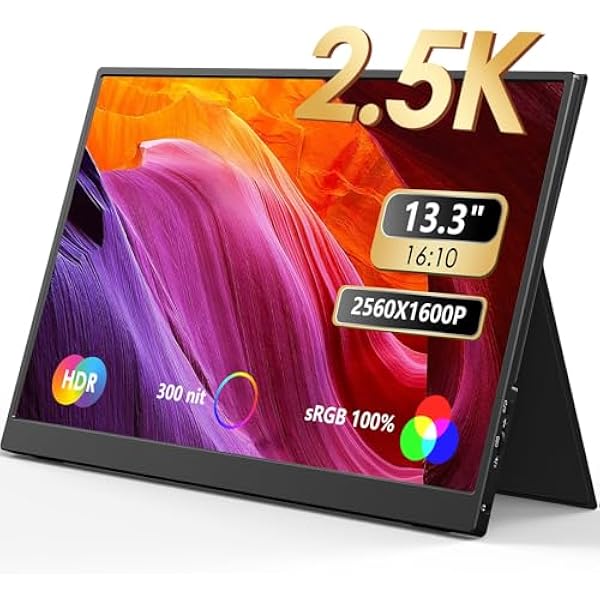 MNN 2.5K Portable Monitor 13.3" 2560x1600P UHD USB-C HDMI Laptop Monitor, 100% sRGB IPS Computer Gaming Display HDR Travel Monitor w/Speakers & Smart Cover for Laptop Xbox PS5 Switch PC Phone