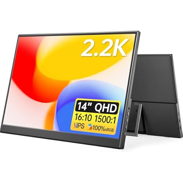 Yxk Portable Monitor 14 inch 2.2K QHD USB C HDMI Ultra-Slim IPS Travel Display & Speakers, HDR Plug&Play, External Monitor for Laptop PC, Phone,Mac