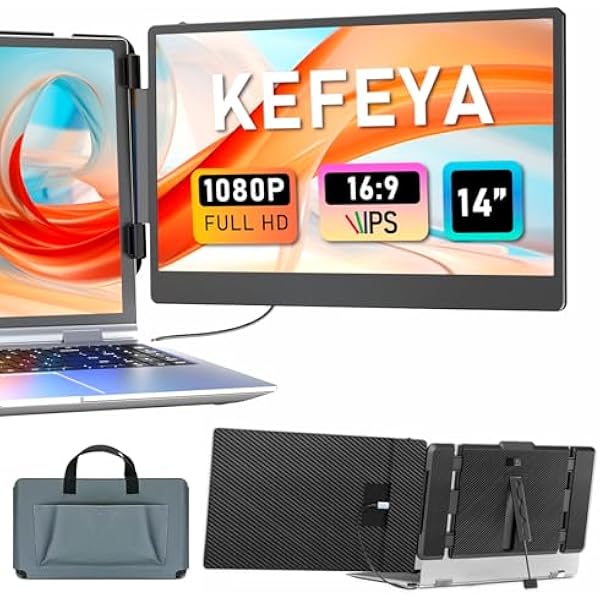 KEFEYA Laptop Screen Extender, 14" Portable Monitor for Laptops 13-17", 1080P FHD IPS Monitor Extender for Laptop with USB-C/HDMI Port, Plug n Play for Windows/Chrome/Mac/Switch/PS5