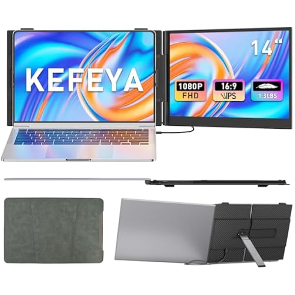KEFEYA Laptop Screen Extender, 14" FHD 1080P Portable Monitor for Laptops, 0.19" Ultra-Thin Laptop Monitor Extender for 13-17" with USB-C/HDMI Port, Plug n Play for Windows/Mac/Android/Switch/PS5