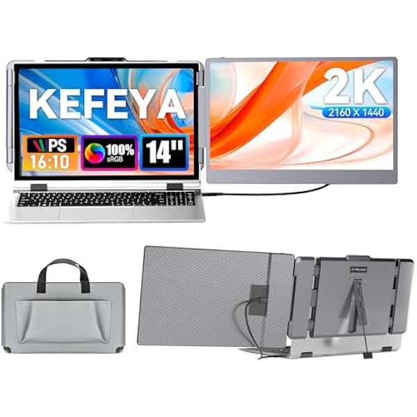 KEFEYA Laptop Screen Extender 2K, 2160x1440 QHD Laptop Monitor Extender Dual Screen, 14” Portable Monitor for Laptops 13-17" with USB-C/HDMI Port, Plug n Play for Windows/Mac/Android/Switch/PS5