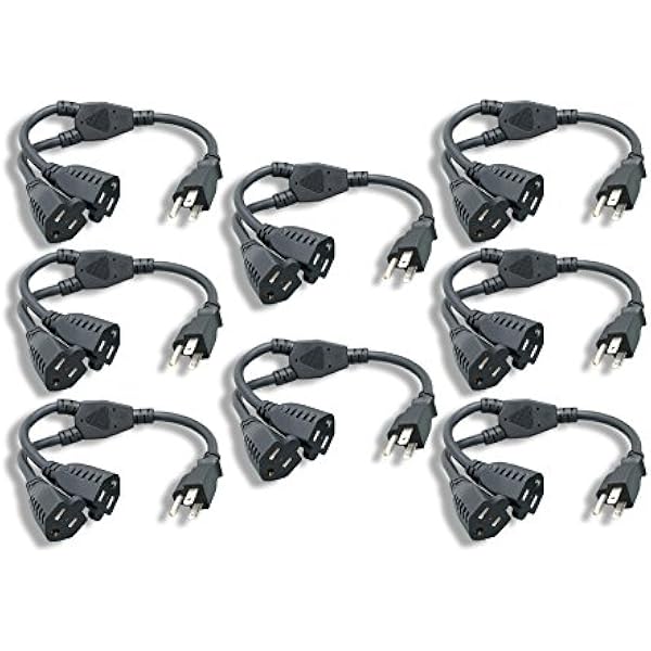 Power Cord Extension and Splitter NEMA 5-15P to NEMA 5-15R x 2 16 AWG 13A 125V 14" 8 Pack (ZPK037SI-08) black