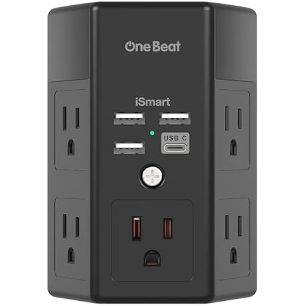 Surge Protector, 5 Outlets Extender with 4 USB Ports(USB C), 3-Side 1680J Power Strip Multi Plug Outlet Expander, USB Wall Charger, Outlet Splitter Adapter Wall Mount for Home Office ETL Listed（Black）