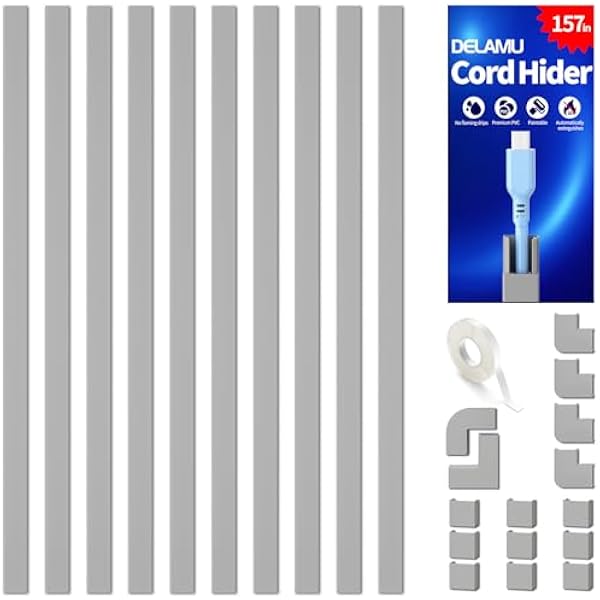 Delamu 157in Cord Covers for Wires on Wall, Cord Hider for 1 Cord, Paintable Cable Hider, Cable Management Wire Covers for Cords, W0.55 H0.4in, Grey