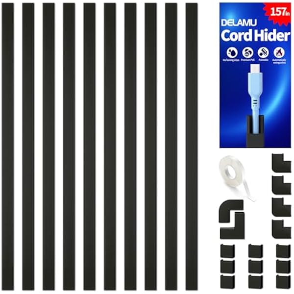 Delamu 157in Cord Covers for Wires on Wall, Cord Hider for 1 Cord, Paintable Cable Hider, Cable Management Wire Covers for Cords,W0.55 H0.4in, Black