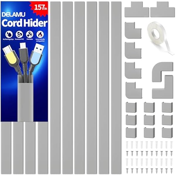 Cord Hider, 157in Delamu Wire Covers for Cords Cable Management, TV Cable Hider Wall Kit, Cable Raceway Cover Wire Hider Management, Cord Hider Wall Mounted TV, 10XL15.7 W0.95 H0.55in Grey