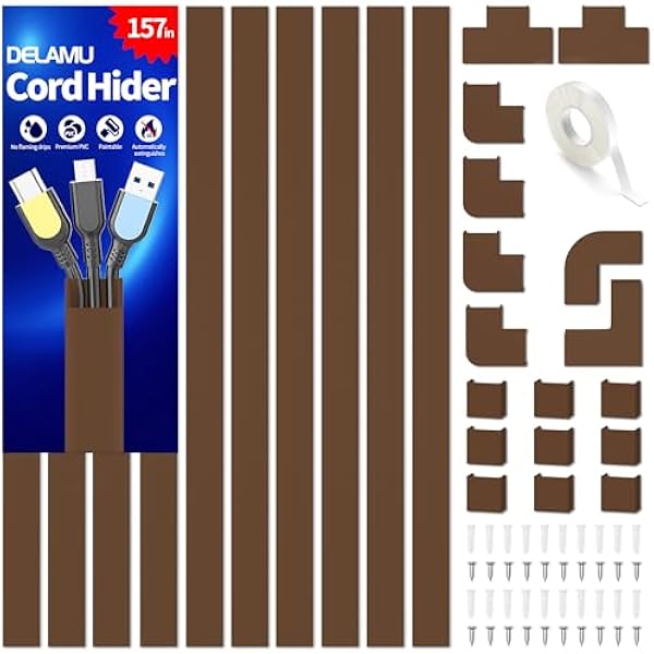 Wire Hider, 157in Delamu Cord Hider Wall, Paintable Wire Covers for Cords, TV Cable Hider Wall Kit, Cable Covers Raceway, Cable Management Hide TV Cords for Wall Mount TV, 10XL15.7 W0.95 H0.55in Brown