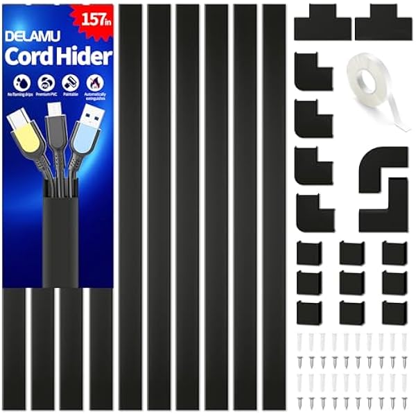 Cable Hider, 157in Delamu Cord Hider Wall for Wall Mounted TV, Wire Hider Kit, Paintable Cable Concealer Raceway Management for Home & Office, 10XL15.7 W0.95 H0.55in, Black
