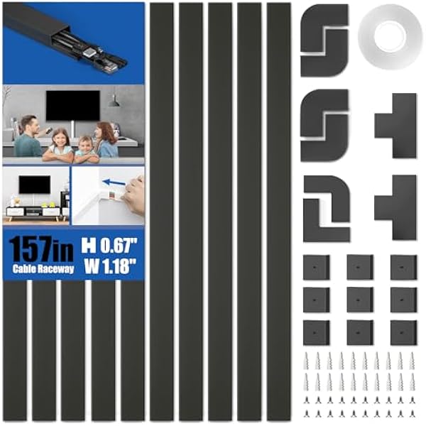 Delamu 157in Cord Hider, Cord Cover Wall Cable Management, Paintable Wire Cover for Cords, Cable Hider Raceway Kit, Cable Cover Concealer, Wire Hiders for TV on Wall, 10 X L15.7 W1.18 H0.6in, Black