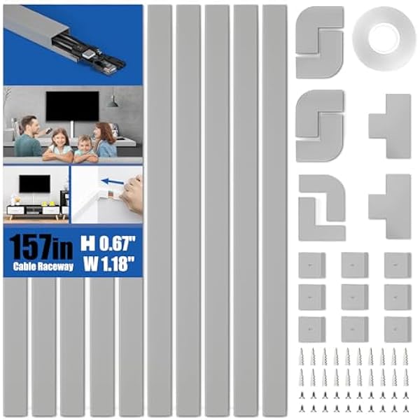 Delamu 157in Cord Hider, Cord Cover Wall Cable Management, Paintable Wire Cover for Cords, Cable Hider Raceway Kit, Cable Cover Concealer, Wire Hiders for TV on Wall, 10 X L15.7 W1.18 H0.6in, Grey