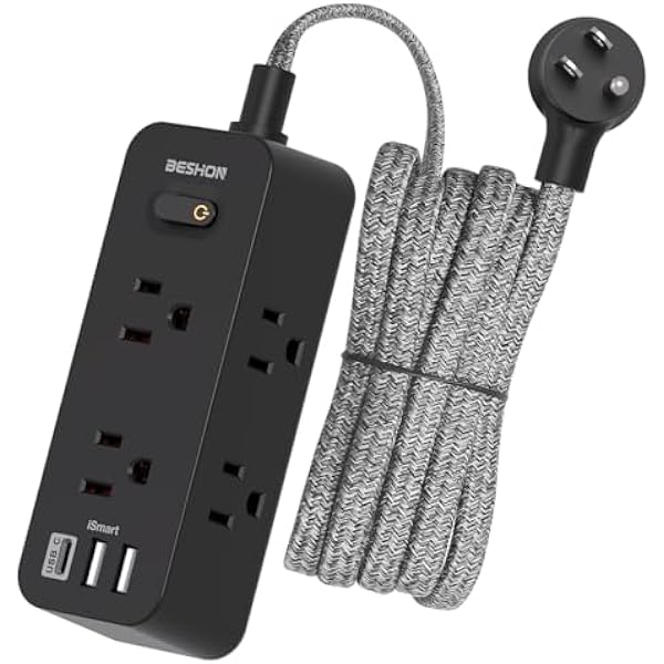15Ft Black Extension Cord, BESHON Power Strip Surge Protector, 6 Outlets with 3 USB Ports(1 USB C Outlet), 3-Side Outlet Extender, Wall Mount, Compact for Home, School, College Dorm Room