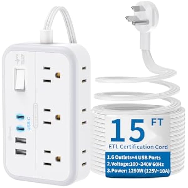 Flat Extension Cord 15 ft, NTONPOWER Surge Protector Power Strip with 6 Widely Outlets 4 USB Ports(2 USB C), Flat Plug, Wall Mounted, Side Outlet Extender for Indoor, Home Office, Dorm Room Essentials