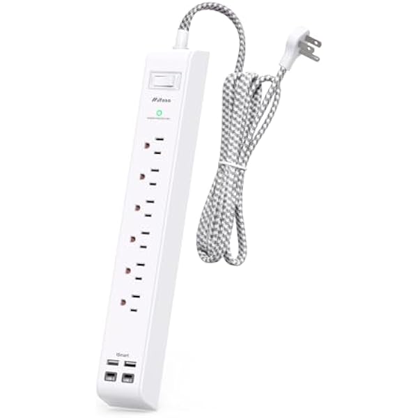 Surge Protector Power Strip 15 ft with 4 USB Ports 2 USB-C 6 AC Outlets, Flat Plug Extension Cord, USB Charging Station, Wall Mountable for Home, Office, Dorm Essentials, 1080J, ETL Listed