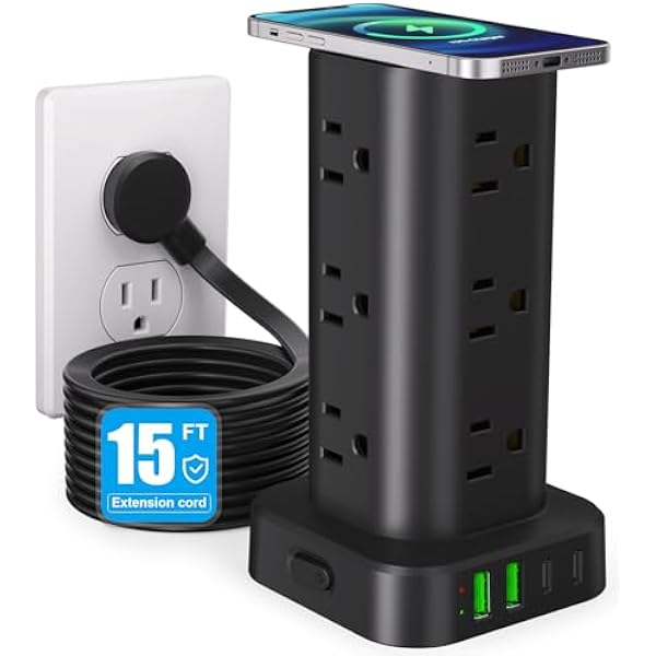 Power Strip Tower with Wireless Charger, Flat Plug Surge Protector Tower with 15FT Extension Cord, 12 AC Multiple Outlets, 4 USB (2 USB C),15W Wireless Charging Power Tower for Home Office Dorm, Black
