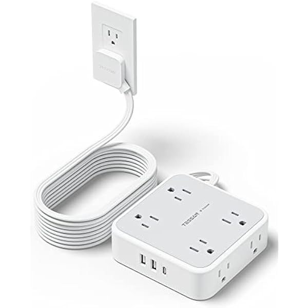 TESSAN Surge Protector Power Strip 15 Ft Cord, 8 Widely Spaced Outlets, 3 USB Charger(1 USB C Port), Ultra Thin Flat Plug Extension Cord 15 Feet, 900J Surge Protection for Home, Dorm Room Essentials