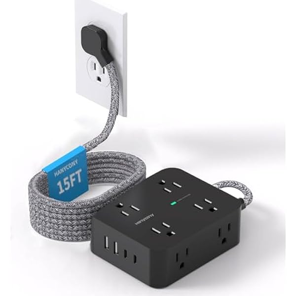 Extension Cord 15 Ft, HANYCONY Long Cord Power Strip with 8 Outlets 4 USB Ports(2 USB C), Surge Protector with Flat Plug, Desk Charging Station for Office Home College Dorm Room Essentials