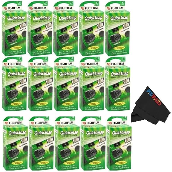 Fujifilm QuickSnap Flash 400 Disposable 35mm Camera with PixiBytes Microfiber Cleaning Cloth... (15 Packs (7 Twin/1 Single Pack))