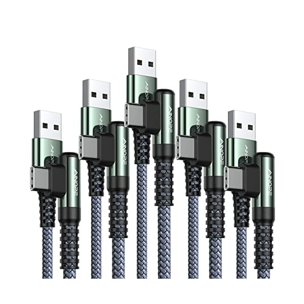 AINOPE USB C Charger 5-Pack [10/6.6/6.6/3.3/1.6ft] 3.1A Fast Charging, Right Angle, Nylon Braided, Compatible with Galaxy S22/21 Note20, LG V20